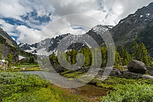 Lake in snowy mountains in the Altai Mountains