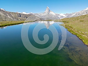 Lake Stellisee and mount Matterhorn at Zermatt on the Swiss Alps