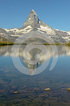 Lake Stellisee and mount Matterhorn at Zermatt on the Swiss Alps