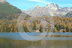 Lake Strbske Pleso and mountain landscape in autumn in the High