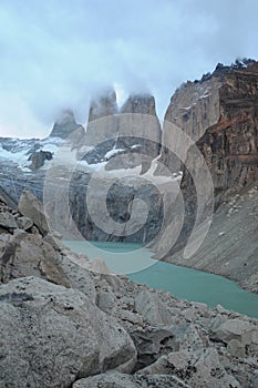 Lake and stunning Torres mountains in Patagonia. Torres del Paine National Park, Patagonia, Chile the mountain scenery under