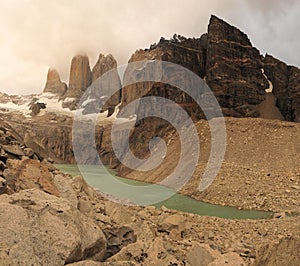 Lake and stunning Torres mountains in Patagonia. Torres del Paine National Park, Patagonia, Chile the mountain scenery under the c