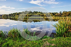 Lake at sunset. Countryside rural scenery in Poland