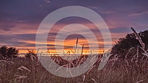 Lake at sunset. Image surrounded by grass, stones in the calm water.