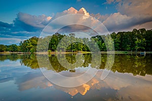 Lake at sunset, at Park Road Park, in Charlotte, North Carolina.