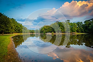 Lake at sunset, at Park Road Park, in Charlotte, North Carolina.