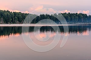 Lake sunset pink clouds sky