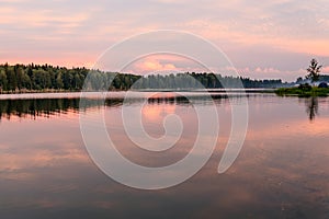 Lake sunset pink clouds sky