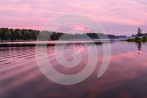 Lake sunset pink clouds sky