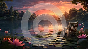 Lake at sunset with wooden chair, water lilies and forest background created with Generative AI