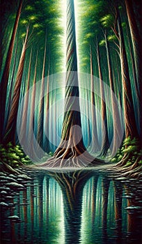 A lake surrounded by ancient twisted trees in a mystical forest. landscape, Nature Painting