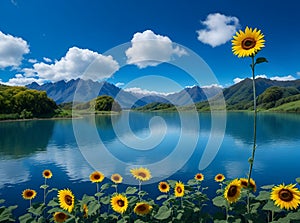 A lake surrounded by beautiful sunflowers with beautiful mountains in view