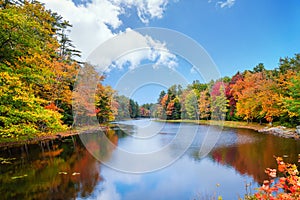 Lake surrounded by fall foliage colors in New England autumn