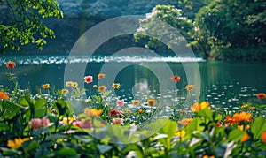 The lake surrounded by lush greenery and blooming flowers in the height of summer, summer nature landscape
