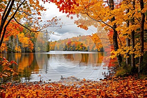 A Lake Surrounded by Trees Covered in Fall Leaves, Autumn scenery to capture the essence of Thanksgiving season, AI Generated