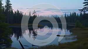 a lake surrounded by trees with a pink sky in the background and a few clouds in the sky over the water and trees in the