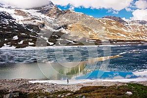 Lake in Switzerland in spring with some ice, swiss alps landscape