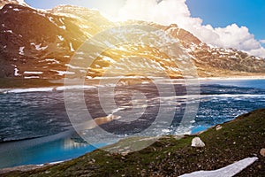 Lake in Switzerland in spring with some ice, swiss alps landscape