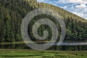 Lake Synevyr in Carpathian mountains, Ukraine. Beautiful mountain lake surrounded by dense green forest on blue sky