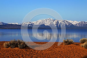 Lake Tahoe, Nevada, Frosty Morning at Zephyr Cove with Snowy Sierra Nevada, USA