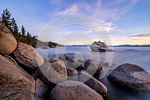 Lake Tahoe`s Bonsai Rock at Sunset