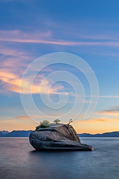 Lake Tahoe`s Bonsai Rock at Sunset