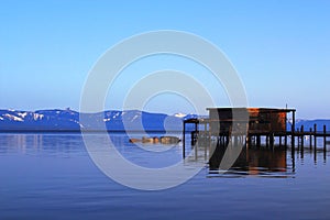 Lake Tahoe, Sierra Nevada, Dock at Zephyr Cove in Morning Light, Nevada, USA
