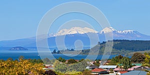 Lake Taupo and snow capped volcanoes, New Zealand