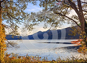 Lake Tazawa in tree frame - Senboku, Akita, Japan