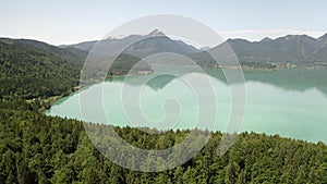 Lake Tegernsee in the Bavarian Alps. Aerial Drone Panorama Shot. Spring