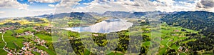 Lake Tegernsee in the Bavarian Alps. Aerial Drone Panorama Shot. Spring