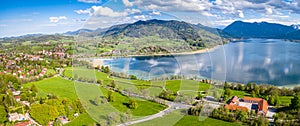 Lake Tegernsee in the Bavarian Alps. Aerial Drone Panorama Shot. Spring