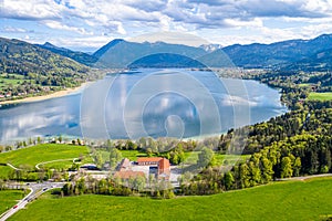 Lake Tegernsee in the Bavarian Alps. Aerial Drone Panorama Shot. Spring