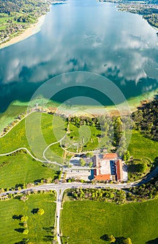 Lake Tegernsee in the Bavarian Alps. Aerial Drone Panorama Shot. Spring