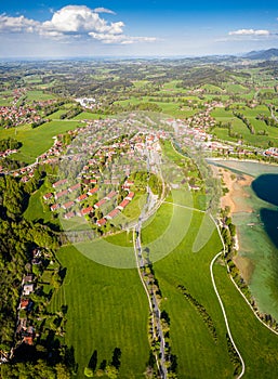 Lake Tegernsee in the Bavarian Alps. Aerial Drone Panorama Shot. Spring