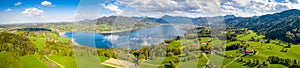 Lake Tegernsee in the Bavarian Alps. Aerial Drone Panorama Shot. Spring