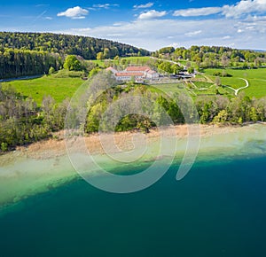 Lake Tegernsee in the Bavarian Alps. Aerial Drone Panorama Shot. Spring