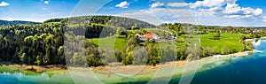 Lake Tegernsee in the Bavarian Alps. Aerial Drone Panorama Shot. Spring