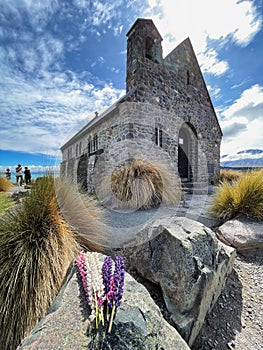 Lake Tekapo Church amidst vibrant lupins in New Zealand's breathtaking landscape