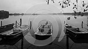 a lake there are several rowing boats on the shore and they are chained and the water is mirror-smooth