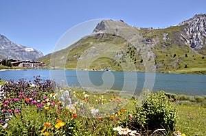 Lake of Tignes and flowers in France