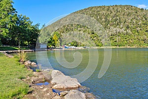 Lake Tikitapu or the Blue Lake, New Zealand. Looking towards the bathing area