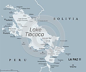 Lake Titicaca, on the border of Bolivia and Peru, gray political map