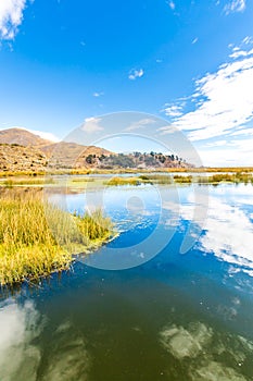 Lake Titicaca,South America, located on border of Peru and Bolivia. It sits 3,812 m above sea level