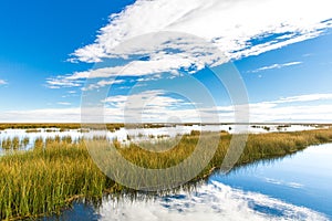 Lake Titicaca,South America, located on border of Peru and Bolivia. It sits 3,812 m above sea level