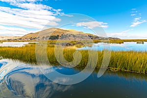 Lake Titicaca,South America, located on border of Peru and Bolivia. It sits 3,812 m above sea level