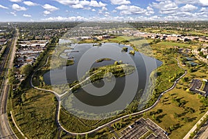 Lake, Townhomes and Community Center Aerial