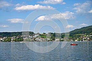 Lake Traun Traunsee and houses on hills in Gmunden Austria photo