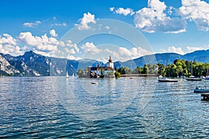 Lake Traunsee with Castle Ort or Orth at Gmunden in Salzkammergut, Austria