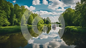 lake and trees Spring summer landscape blue sky clouds Narew river boat green trees countryside grass Poland water
